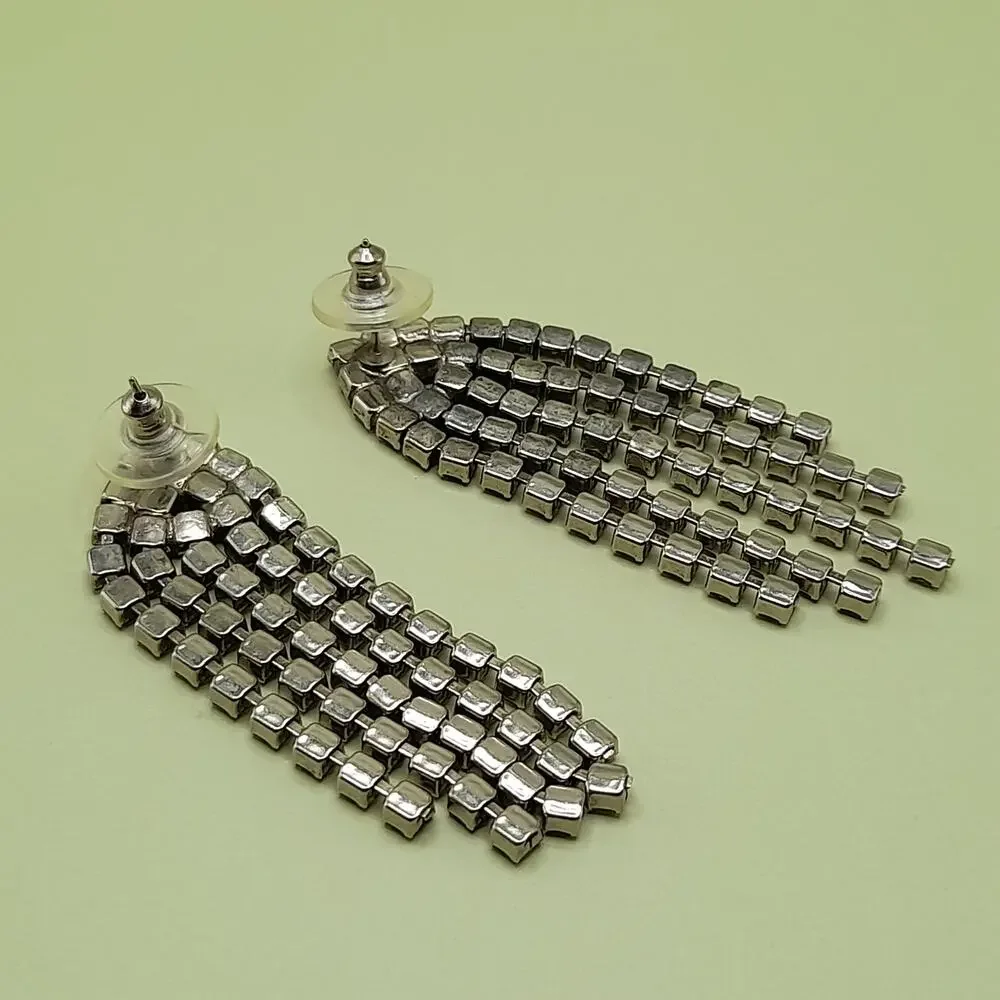 Vintage Clear Rhinestone Fringe Post Earrings, 1980s, 2 1/2 Inches - Picture 5 of 9